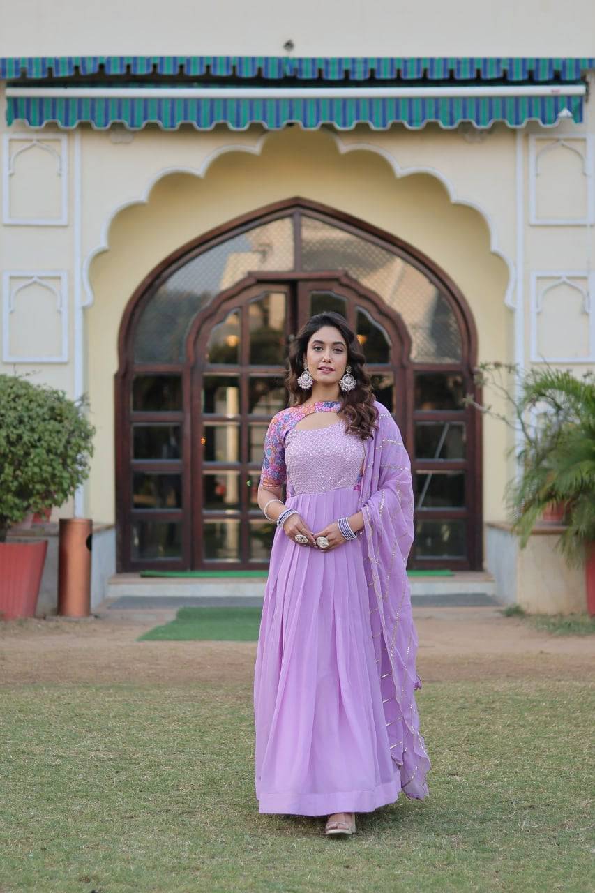 Whimsical Faux Georgette Rich Floral Printed Gown - INDIAN ELEGANCE