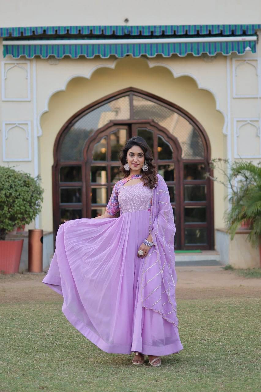 Whimsical Faux Georgette Rich Floral Printed Gown - INDIAN ELEGANCE