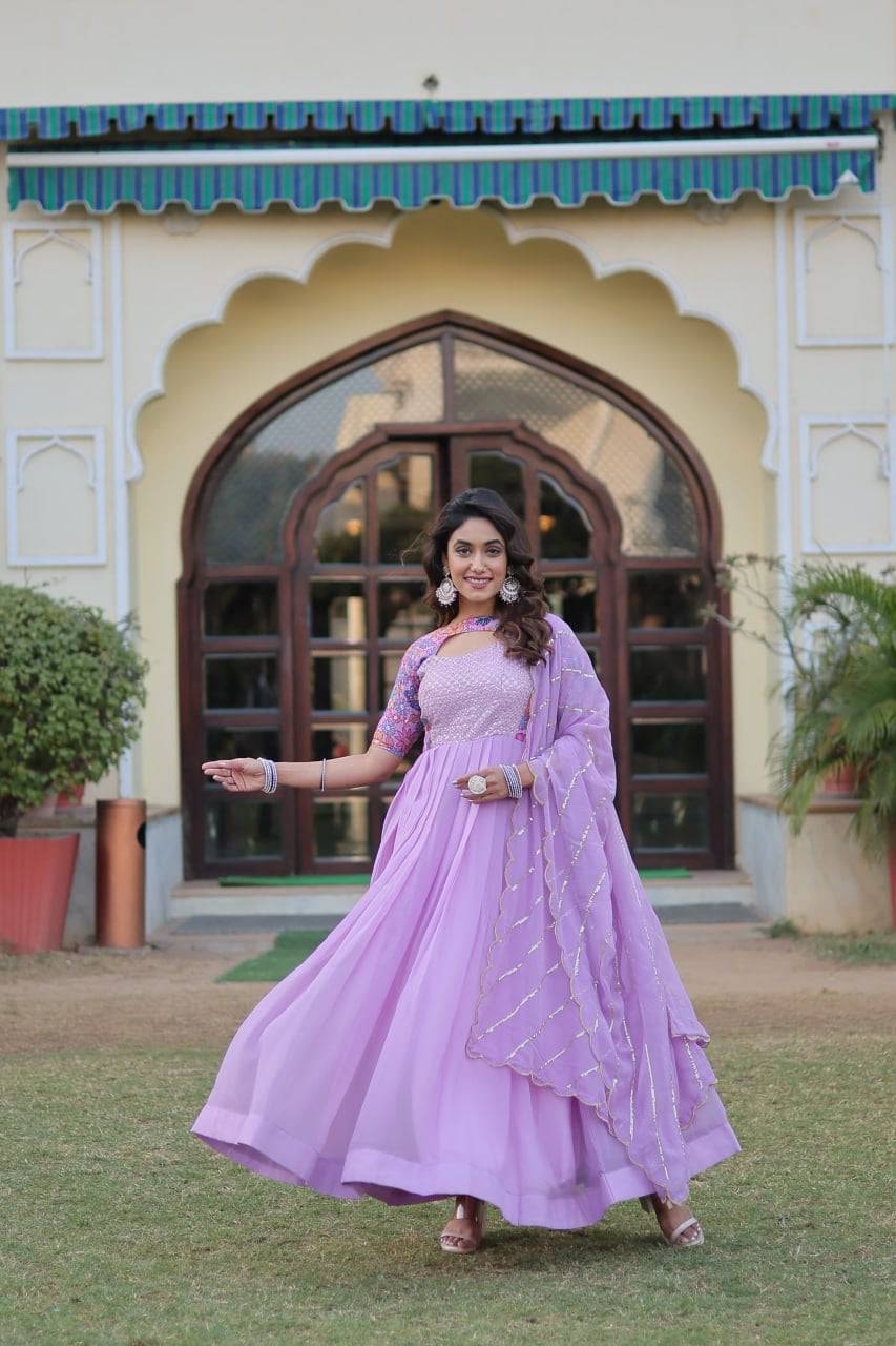 Whimsical Faux Georgette Rich Floral Printed Gown - INDIAN ELEGANCE