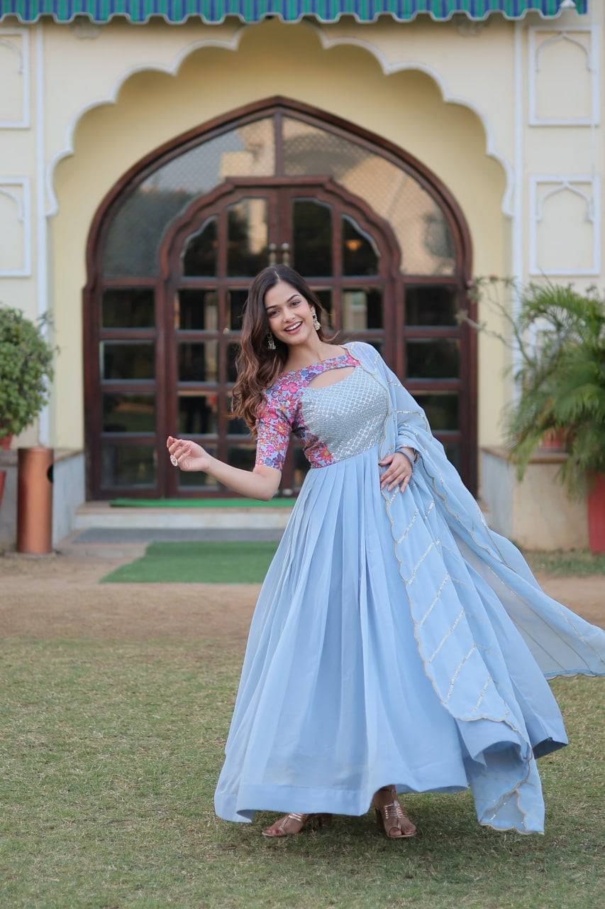 Whimsical Faux Georgette Rich Floral Printed Gown - INDIAN ELEGANCE