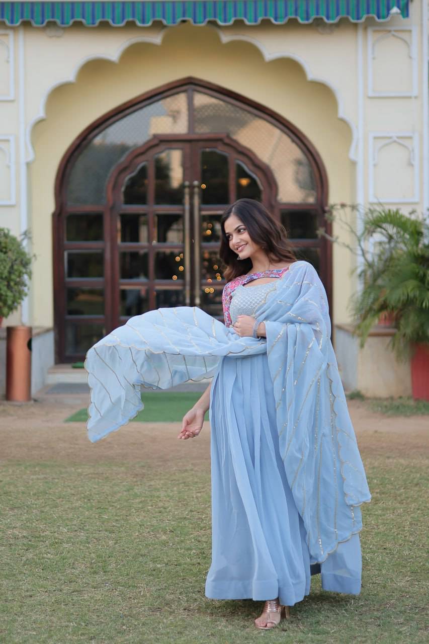 Whimsical Faux Georgette Rich Floral Printed Gown - INDIAN ELEGANCE