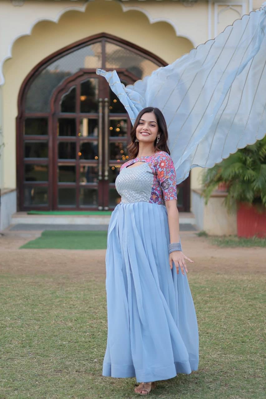 Whimsical Faux Georgette Rich Floral Printed Gown - INDIAN ELEGANCE