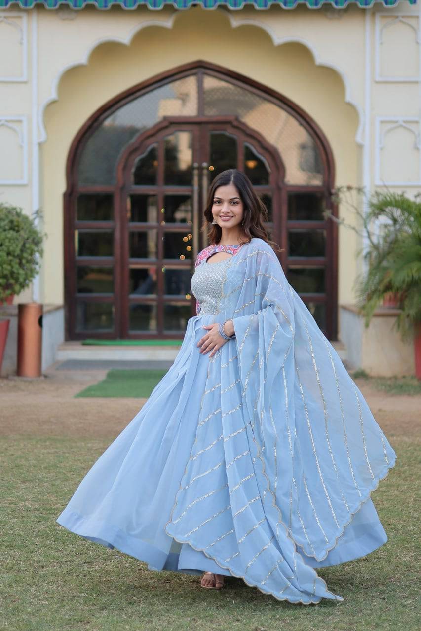 Whimsical Faux Georgette Rich Floral Printed Gown - INDIAN ELEGANCE