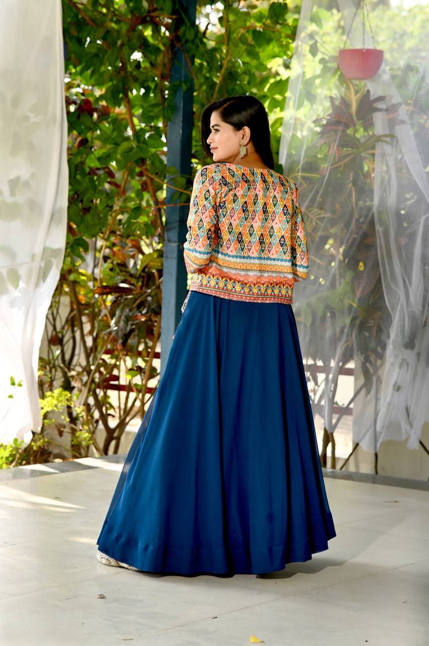Navy Blue Faux Georgette Digital Printed Lehenga Blouse Koti Set - INDIAN ELEGANCE