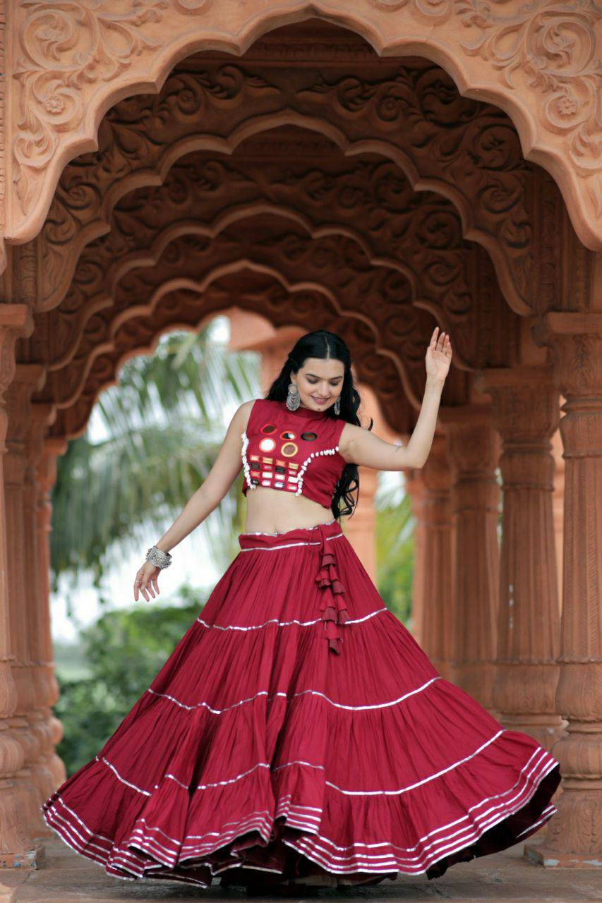 Flourishing Red Navratri Wear Gota Patti Mirror Worked Lehenga Choli - INDIAN ELEGANCE