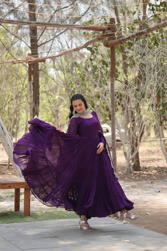 Delightful Faux Georgette 15 Meter Flared Fully Stitched Ruffle Gown - INDIAN ELEGANCE