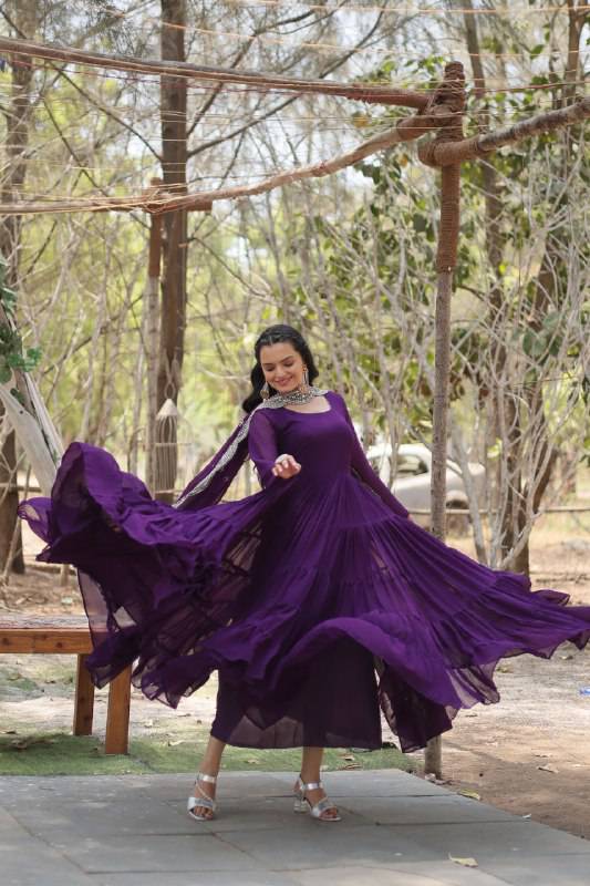 Delightful Faux Georgette 15 Meter Flared Fully Stitched Ruffle Gown - INDIAN ELEGANCE