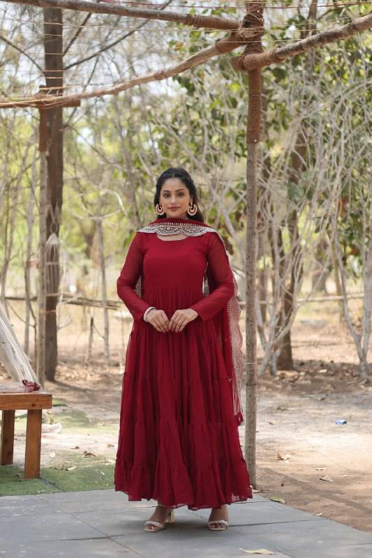 Delightful Faux Georgette 15 Meter Flared Fully Stitched Ruffle Gown - INDIAN ELEGANCE