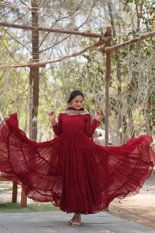 Delightful Faux Georgette 15 Meter Flared Fully Stitched Ruffle Gown - INDIAN ELEGANCE
