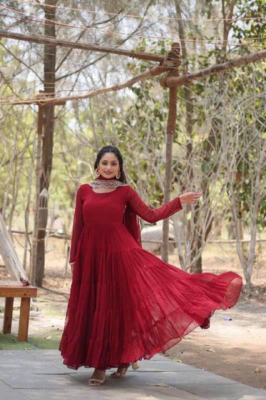 Delightful Faux Georgette 15 Meter Flared Fully Stitched Ruffle Gown - INDIAN ELEGANCE