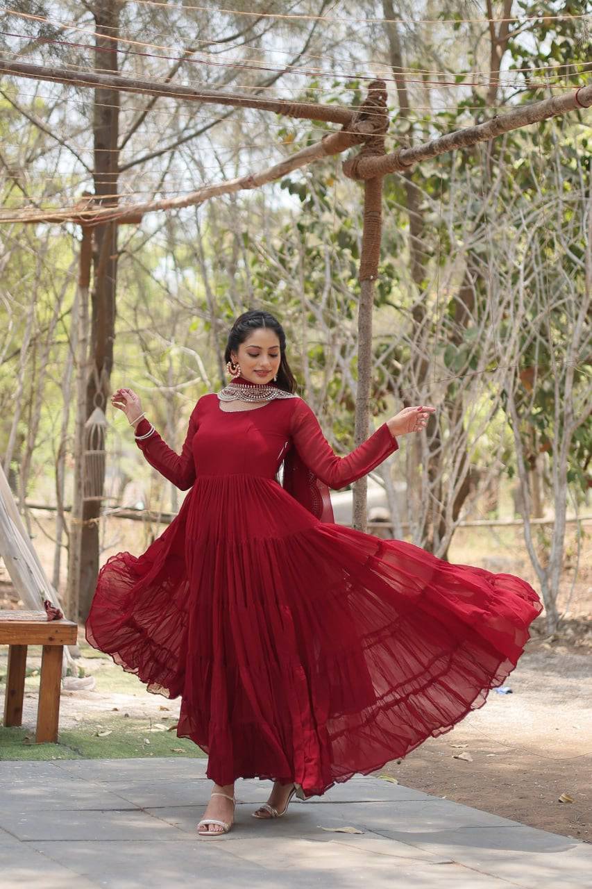 Delightful Faux Georgette 15 Meter Flared Fully Stitched Ruffle Gown - INDIAN ELEGANCE