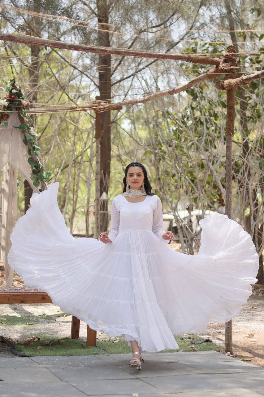 Delightful Faux Georgette 15 Meter Flared Fully Stitched Ruffle Gown - INDIAN ELEGANCE