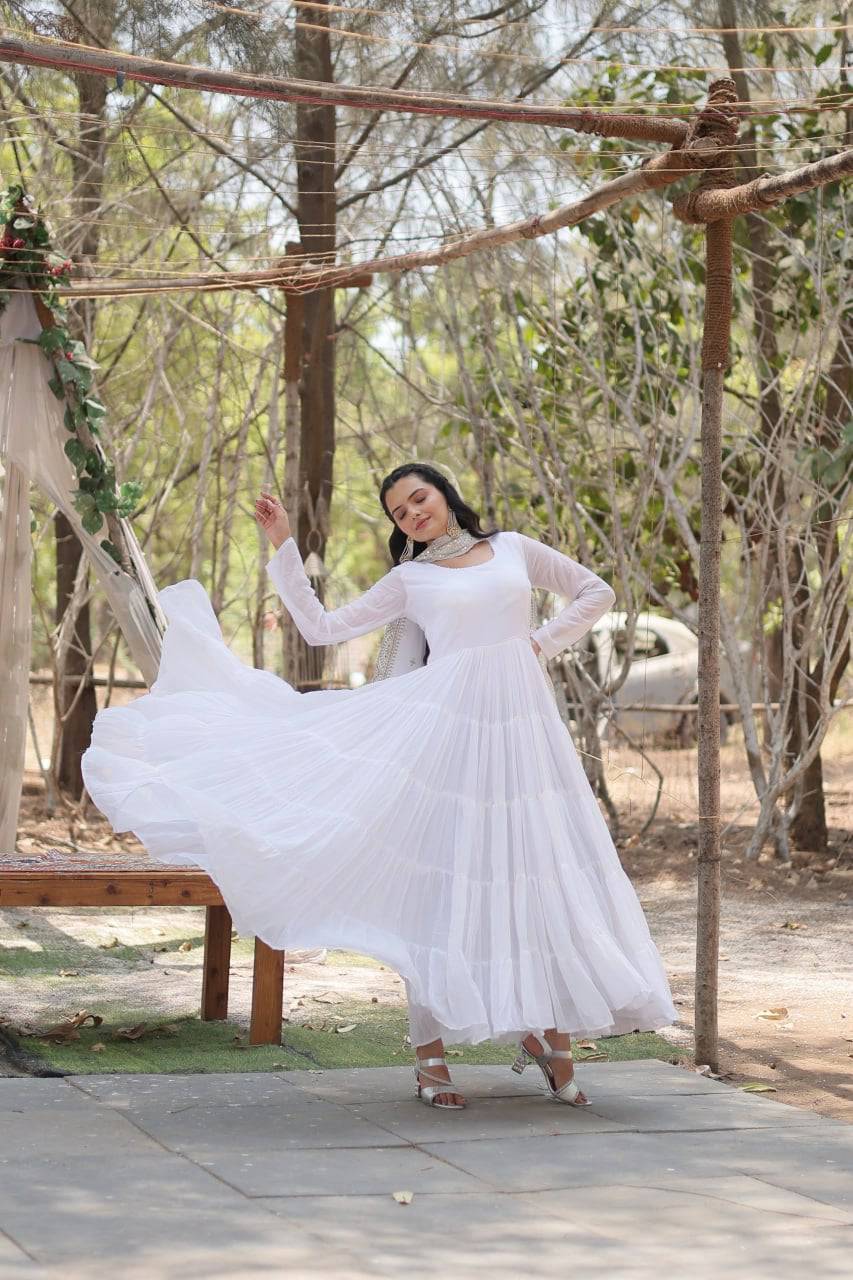 Delightful Faux Georgette 15 Meter Flared Fully Stitched Ruffle Gown - INDIAN ELEGANCE
