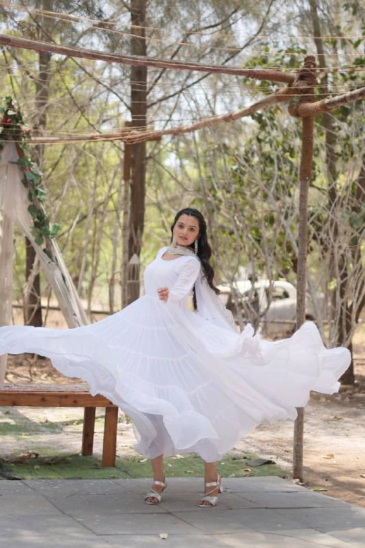 Delightful Faux Georgette 15 Meter Flared Fully Stitched Ruffle Gown - INDIAN ELEGANCE
