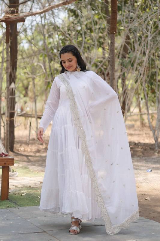 Delightful Faux Georgette 15 Meter Flared Fully Stitched Ruffle Gown - INDIAN ELEGANCE