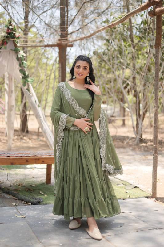 Delightful Faux Georgette 15 Meter Flared Fully Stitched Ruffle Gown - INDIAN ELEGANCE