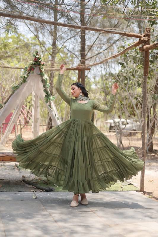 Delightful Faux Georgette 15 Meter Flared Fully Stitched Ruffle Gown - INDIAN ELEGANCE