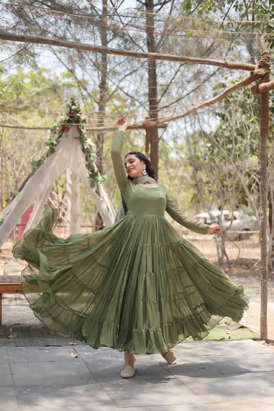 Delightful Faux Georgette 15 Meter Flared Fully Stitched Ruffle Gown - INDIAN ELEGANCE