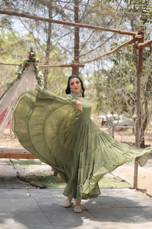 Delightful Faux Georgette 15 Meter Flared Fully Stitched Ruffle Gown - INDIAN ELEGANCE