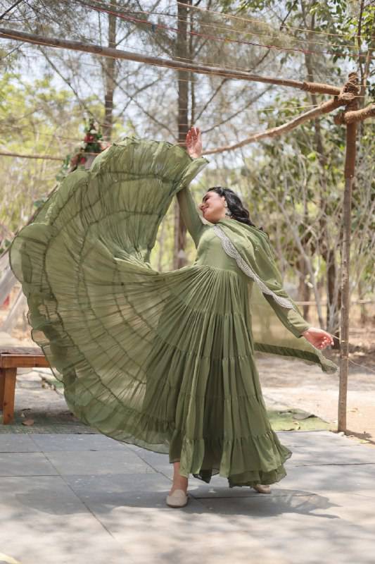 Delightful Faux Georgette 15 Meter Flared Fully Stitched Ruffle Gown - INDIAN ELEGANCE