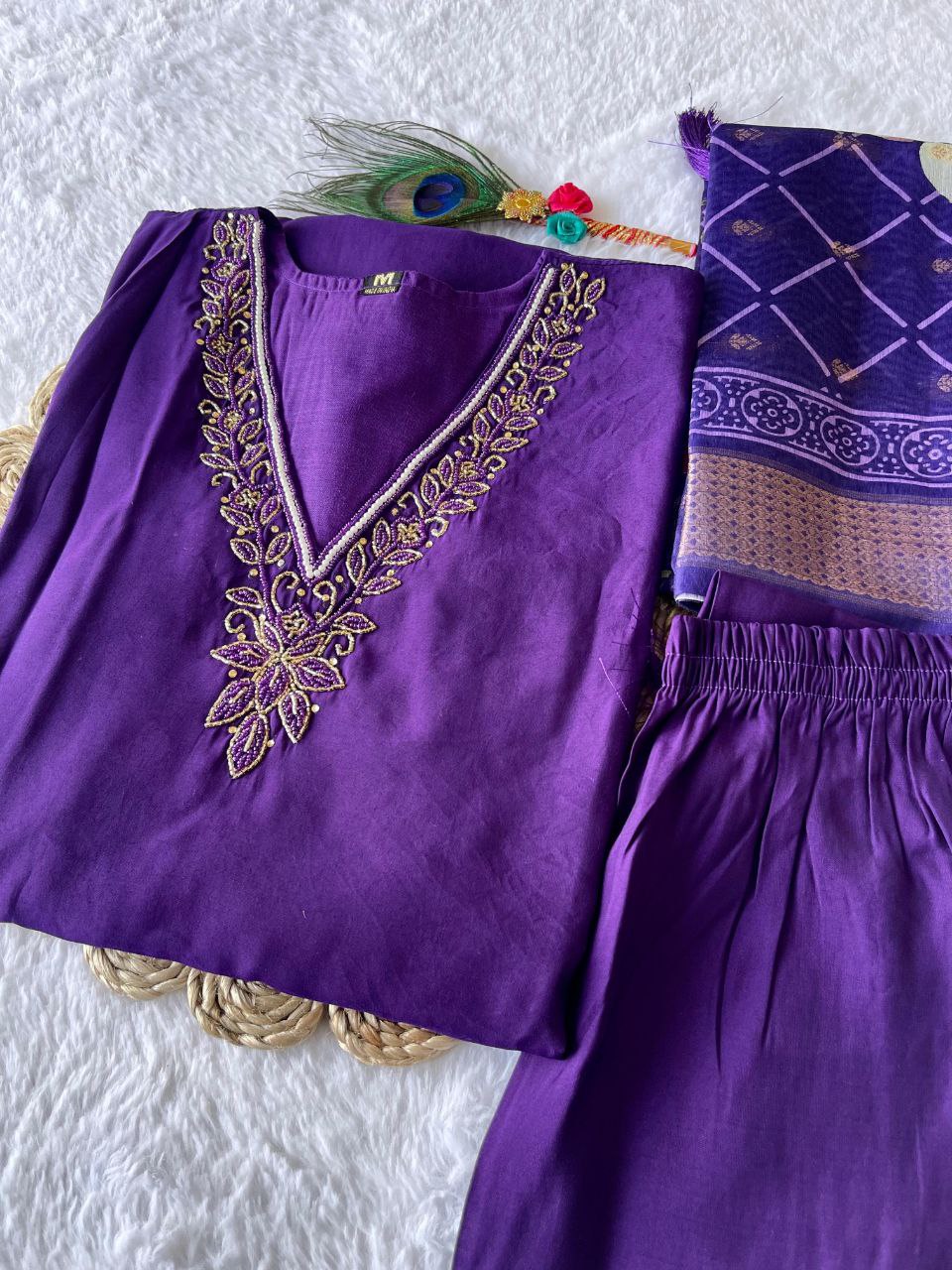 Lovely Purple Roman Silk Handworked Kurta Pant Dupatta Set - INDIAN ELEGANCE