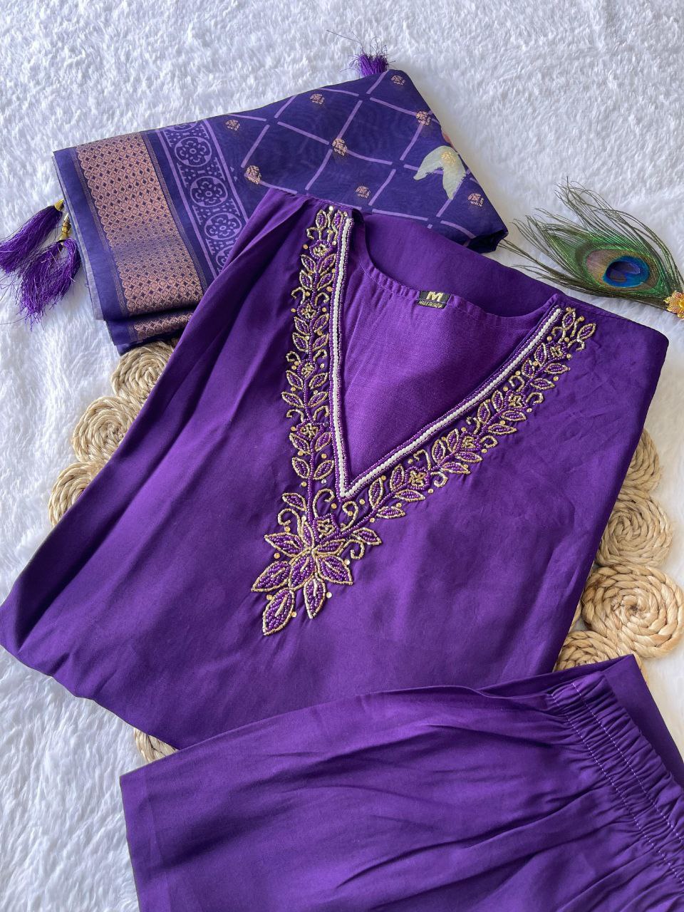 Lovely Purple Roman Silk Handworked Kurta Pant Dupatta Set - INDIAN ELEGANCE