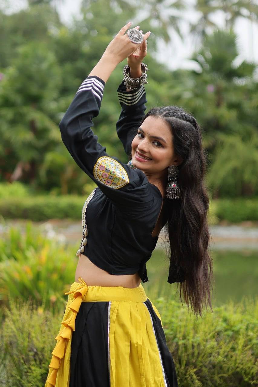 Luminous Yellow Black Navratri Wear Designer Lehenga Choli - INDIAN ELEGANCE