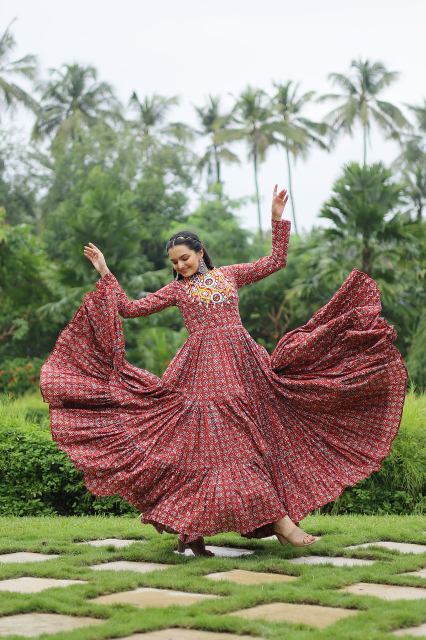 Spectacular Maroon Cotton Navratri Wear Designer Gown - INDIAN ELEGANCE