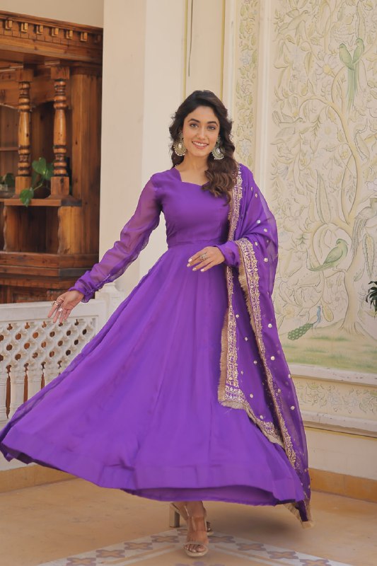 Alluring Russian Silk Fully Stitched Designer Gown With Dupatta - INDIAN ELEGANCE