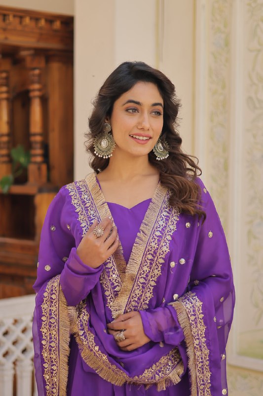 Alluring Russian Silk Fully Stitched Designer Gown With Dupatta - INDIAN ELEGANCE