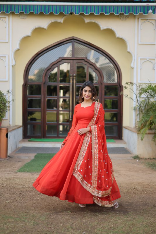 Alluring Russian Silk Fully Stitched Designer Gown With Dupatta - INDIAN ELEGANCE