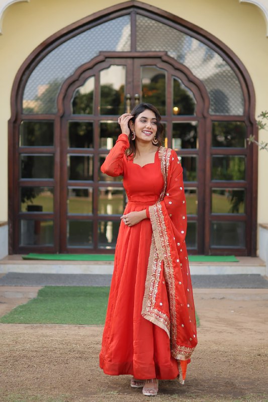 Alluring Russian Silk Fully Stitched Designer Gown With Dupatta - INDIAN ELEGANCE