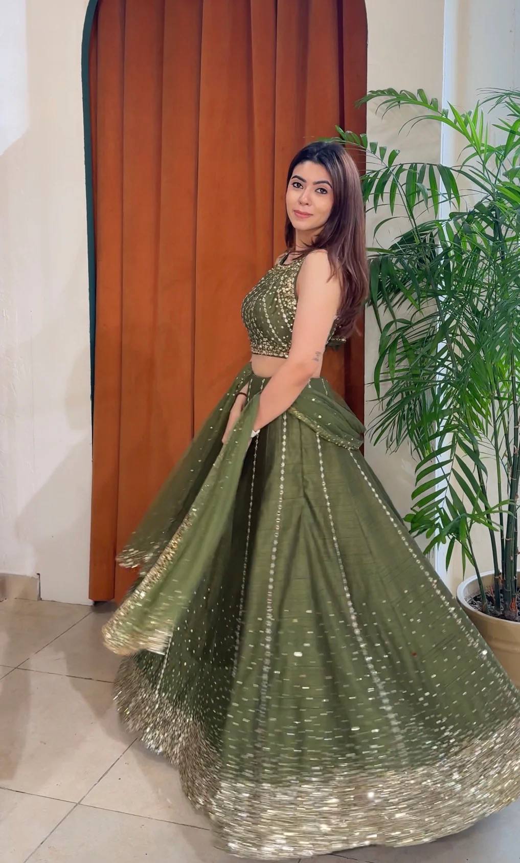 Thai Silk Wedding Wear Olive Green Sequin Work Lehenga Choli Set for Women
