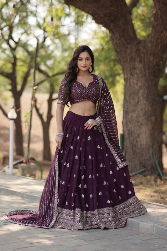 Mesmerizing Wine Faux Georgette Sequins Embroidered Wedding Lehenga Choli - INDIAN ELEGANCE