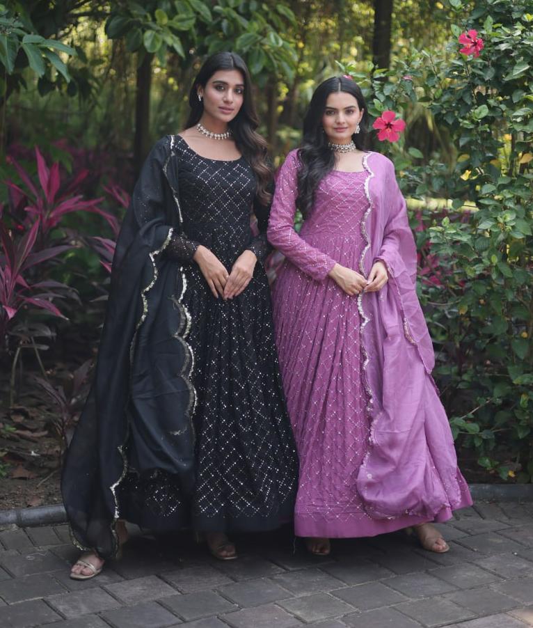 Enamoring Faux Georgette Chex Sequins Thread Worked Designer Gown - INDIAN ELEGANCE