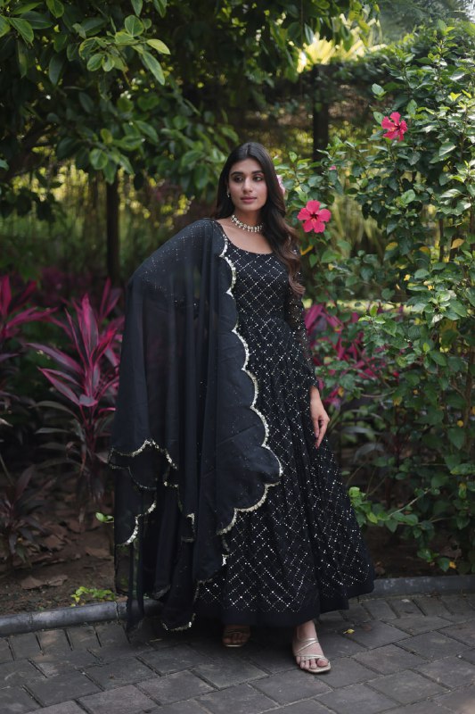Enamoring Faux Georgette Chex Sequins Thread Worked Designer Gown - INDIAN ELEGANCE