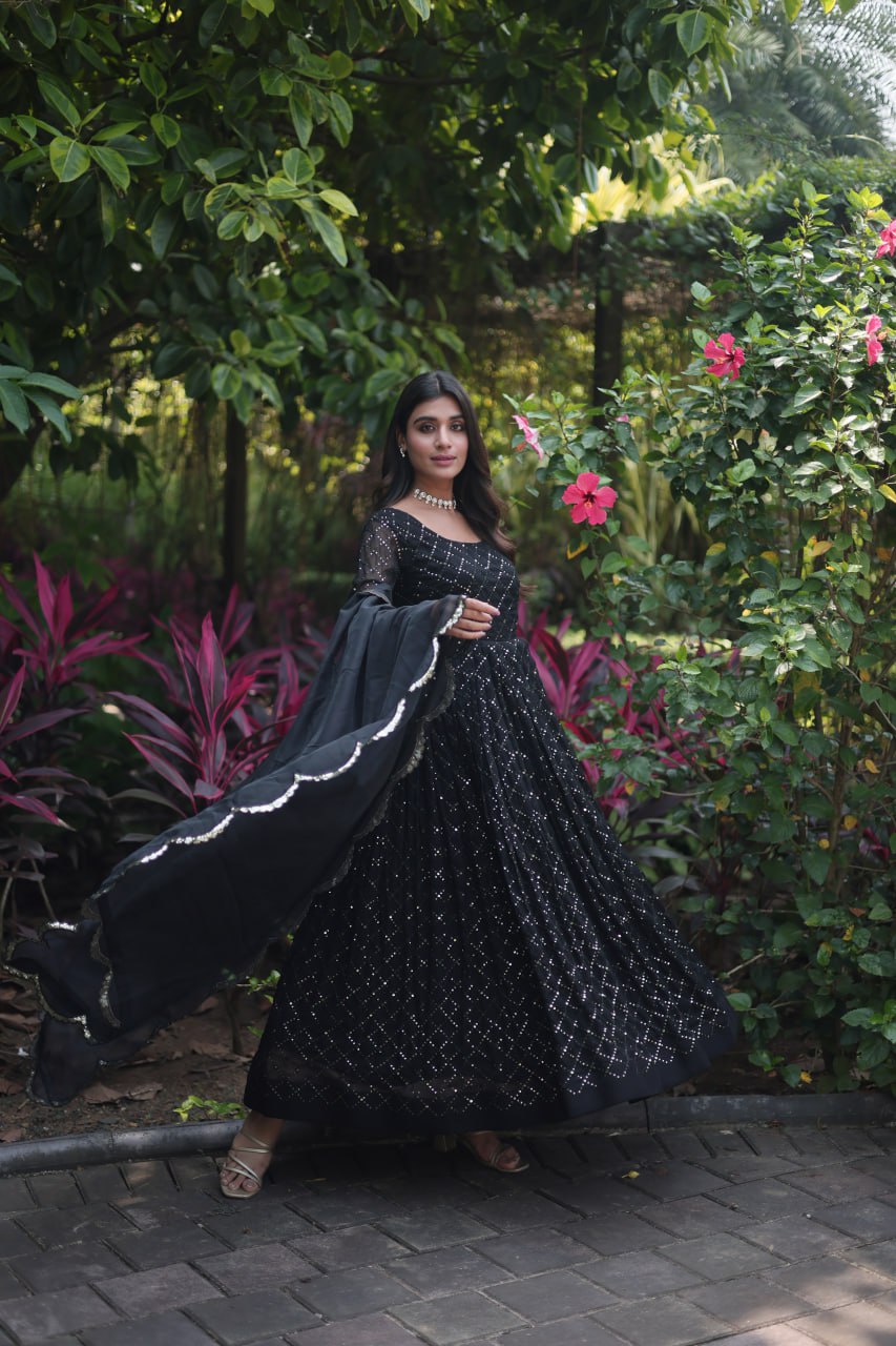 Enamoring Faux Georgette Chex Sequins Thread Worked Designer Gown - INDIAN ELEGANCE