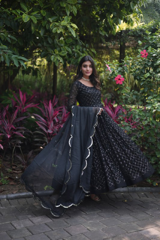 Enamoring Faux Georgette Chex Sequins Thread Worked Designer Gown - INDIAN ELEGANCE