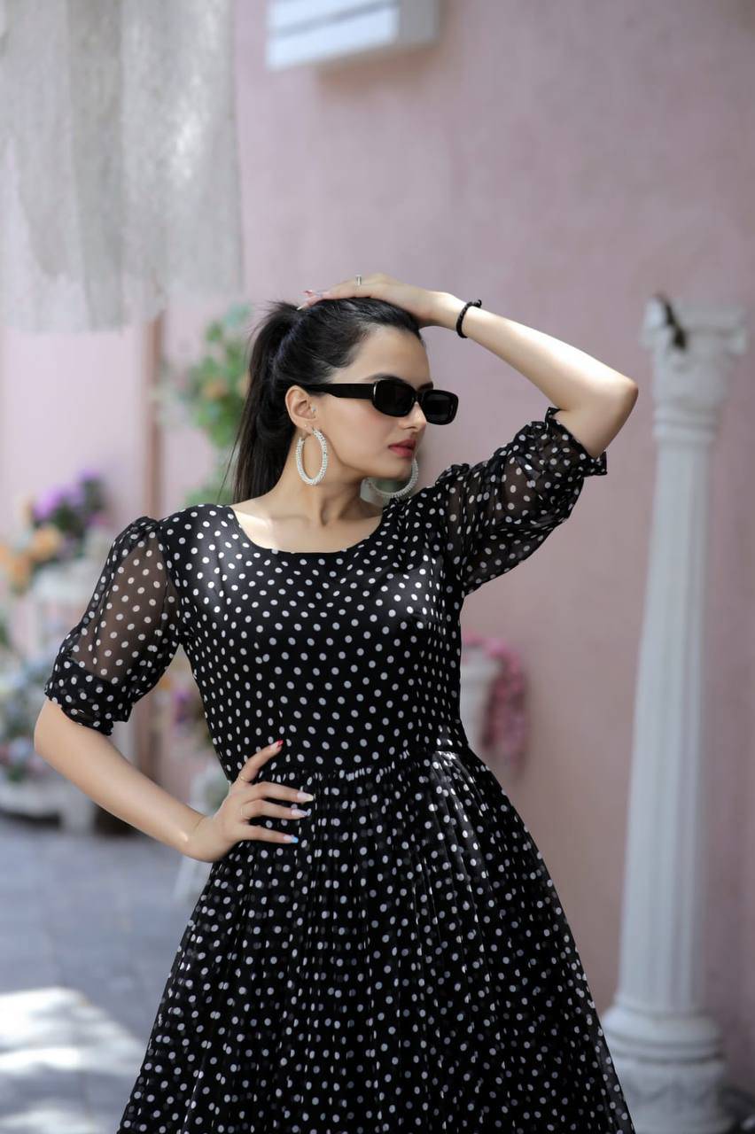 Posh Dot Printed Faux Georgette Stitched Gown - INDIAN ELEGANCE