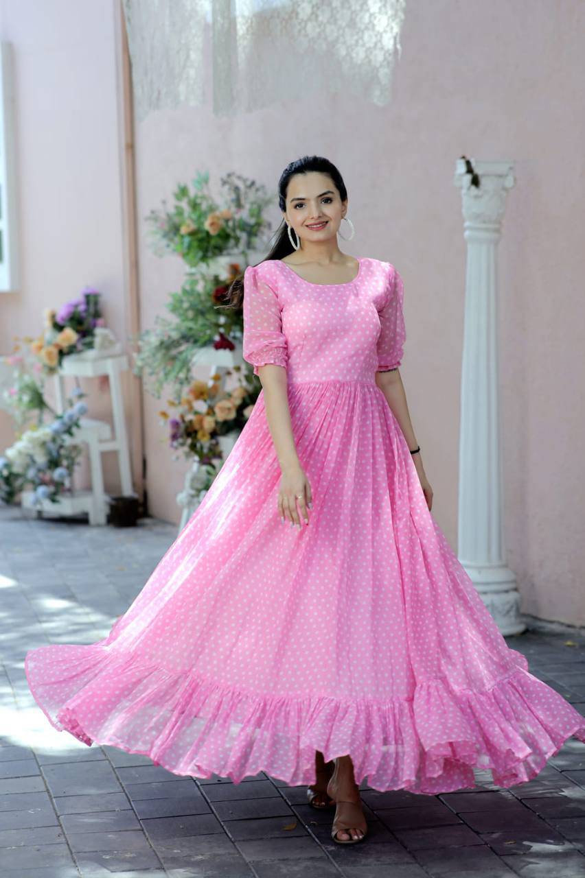 Posh Dot Printed Faux Georgette Stitched Gown - INDIAN ELEGANCE