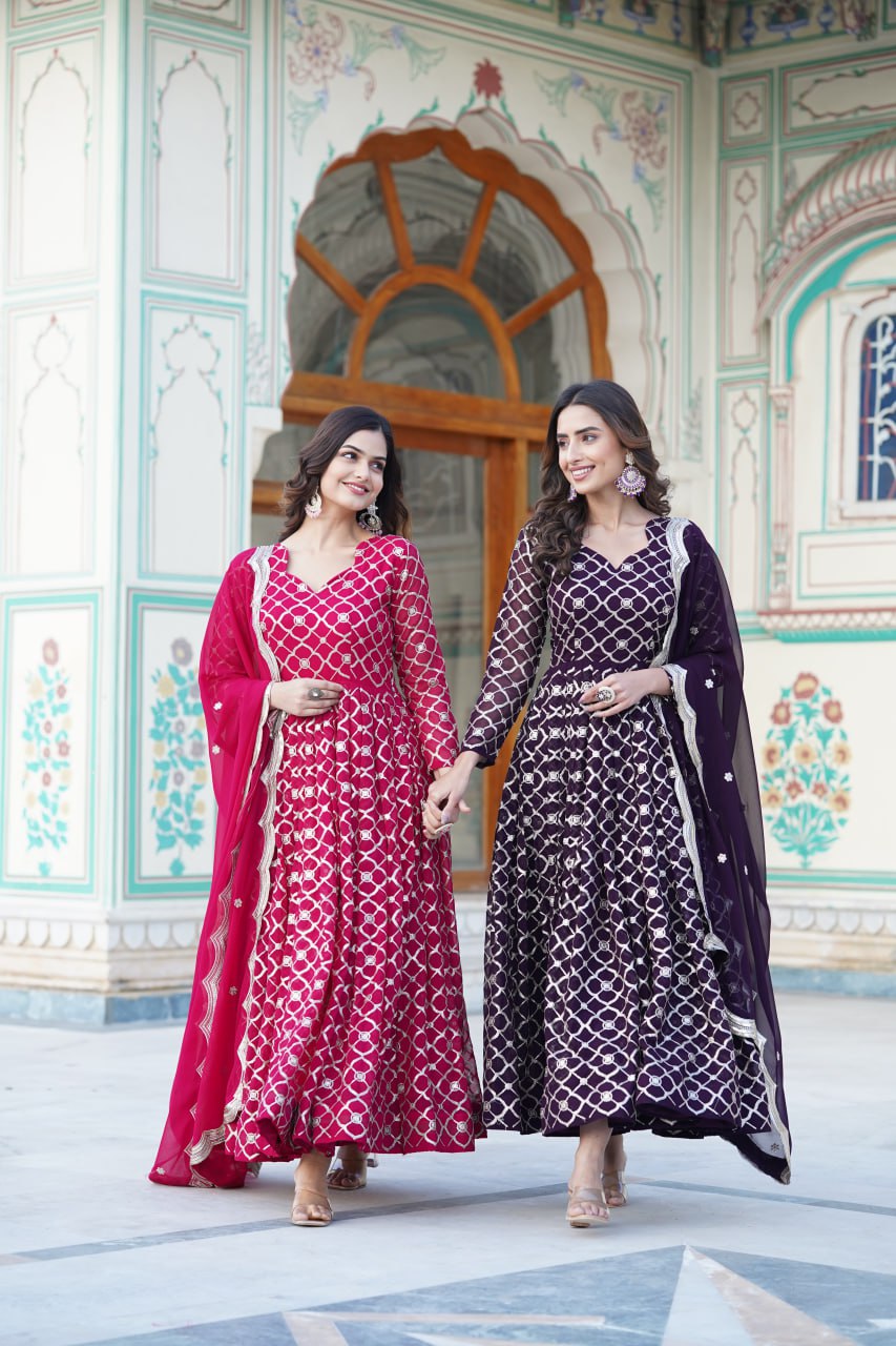 Radiant Faux Georgette Sequins Worked Festive Wear Gown - INDIAN ELEGANCE