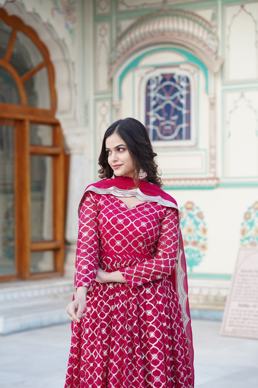 Radiant Faux Georgette Sequins Worked Festive Wear Gown - INDIAN ELEGANCE