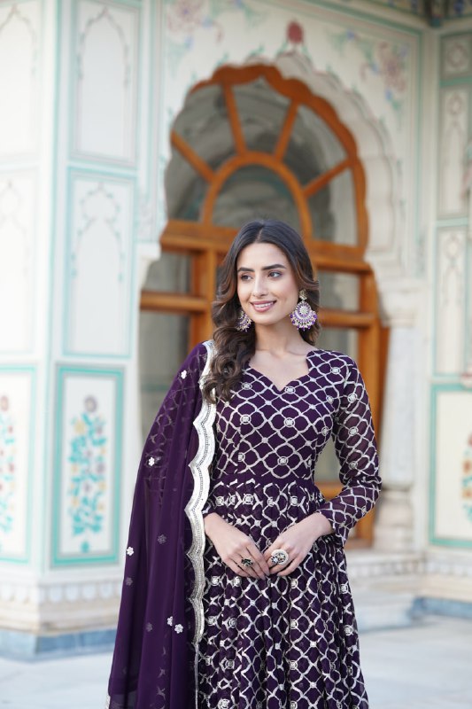 Radiant Faux Georgette Sequins Worked Festive Wear Gown - INDIAN ELEGANCE