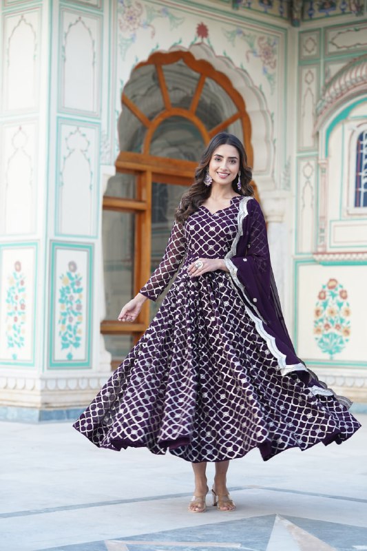 Radiant Faux Georgette Sequins Worked Festive Wear Gown - INDIAN ELEGANCE