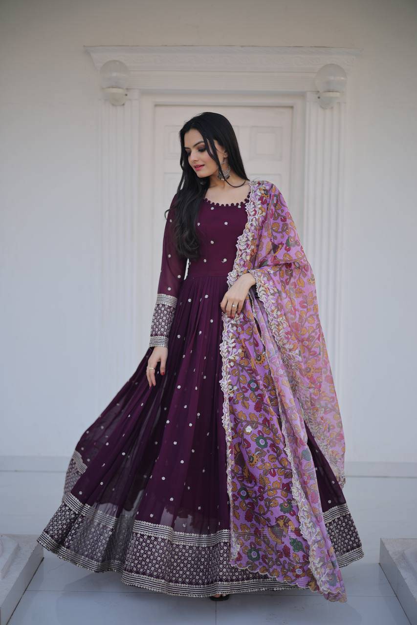 Elegant Faux Georgette Zari Sequins Worked Fully Stitched Gown - INDIAN ELEGANCE