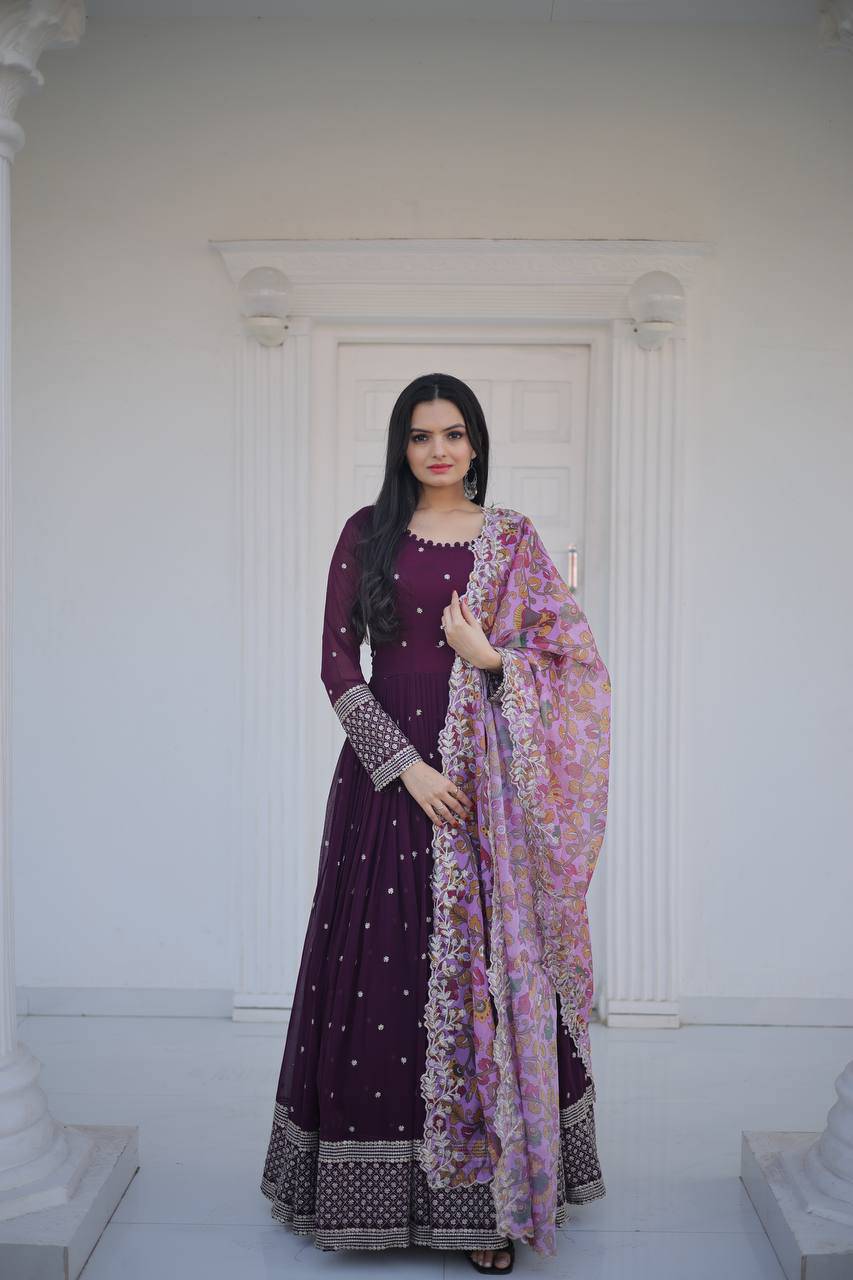Elegant Faux Georgette Zari Sequins Worked Fully Stitched Gown - INDIAN ELEGANCE