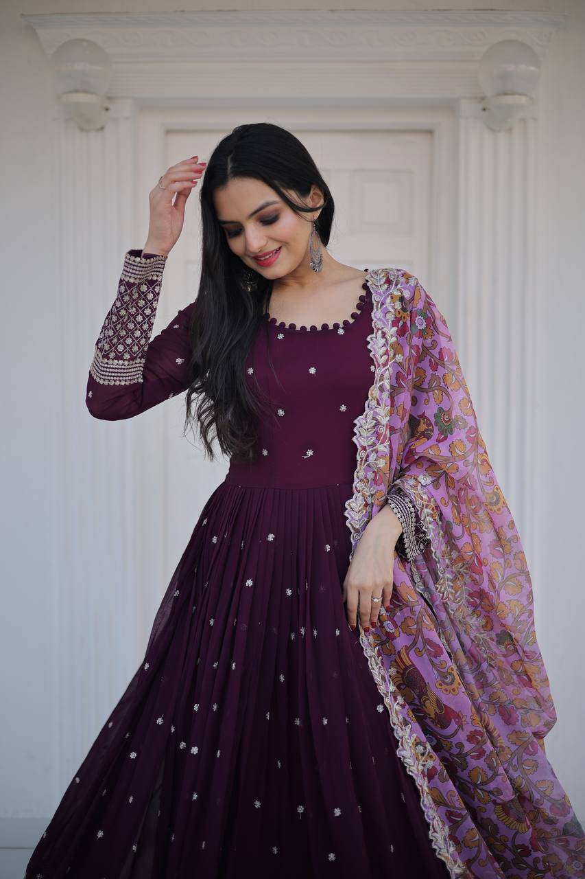 Elegant Faux Georgette Zari Sequins Worked Fully Stitched Gown - INDIAN ELEGANCE