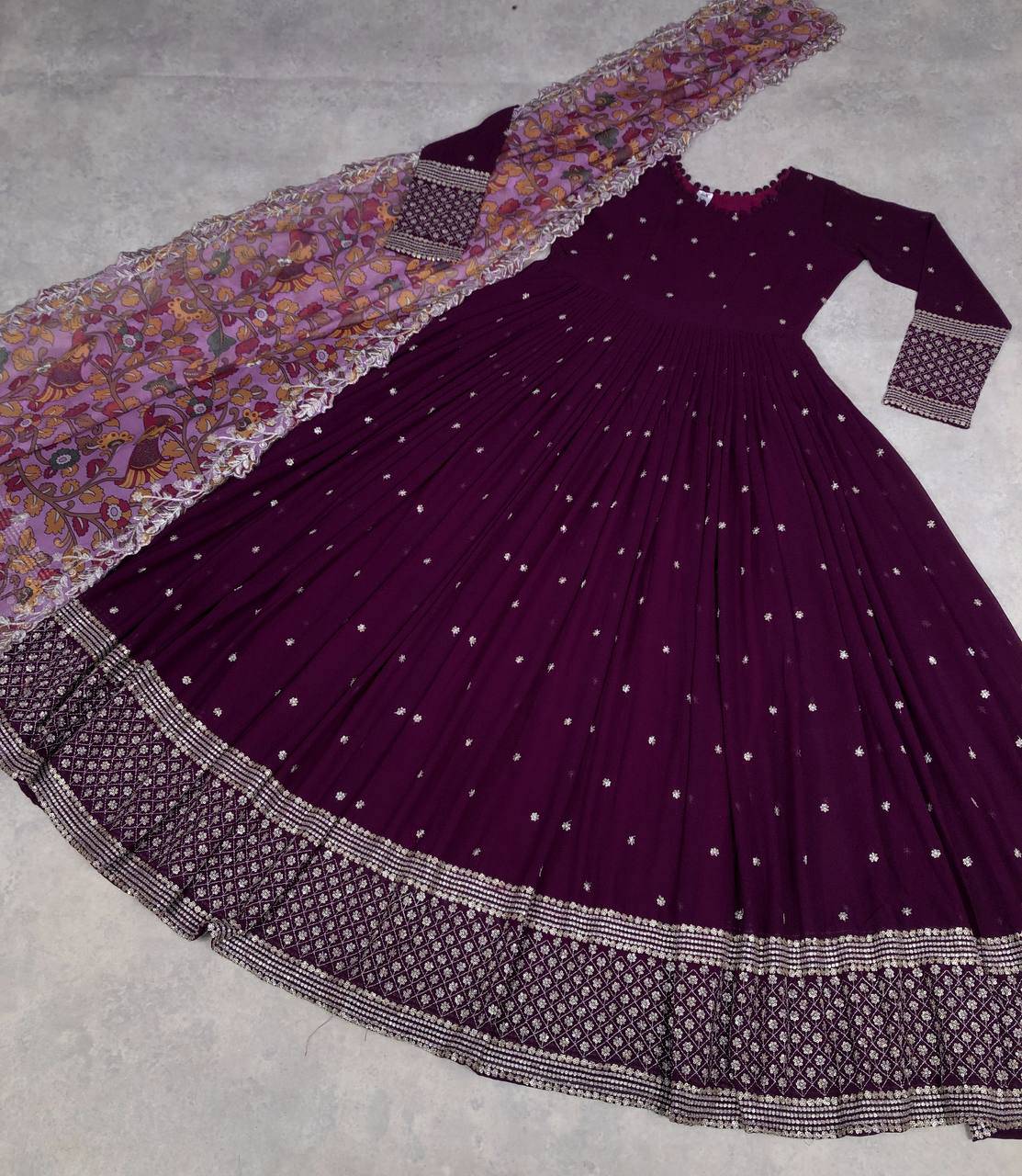 Elegant Faux Georgette Zari Sequins Worked Fully Stitched Gown - INDIAN ELEGANCE