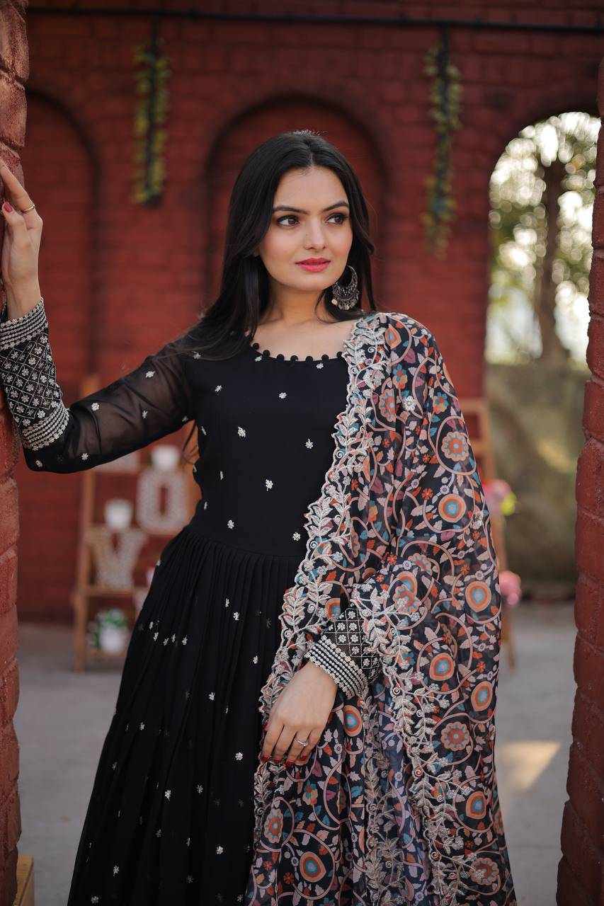 Elegant Faux Georgette Zari Sequins Worked Fully Stitched Gown - INDIAN ELEGANCE