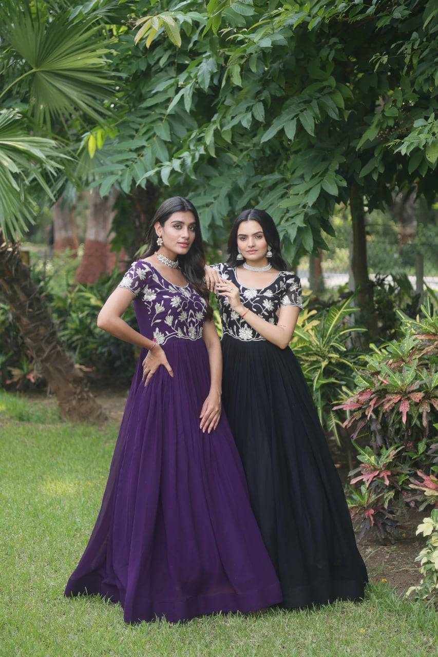 Enticing Faux Georgette Coded Sequins Embroidered Gown - INDIAN ELEGANCE